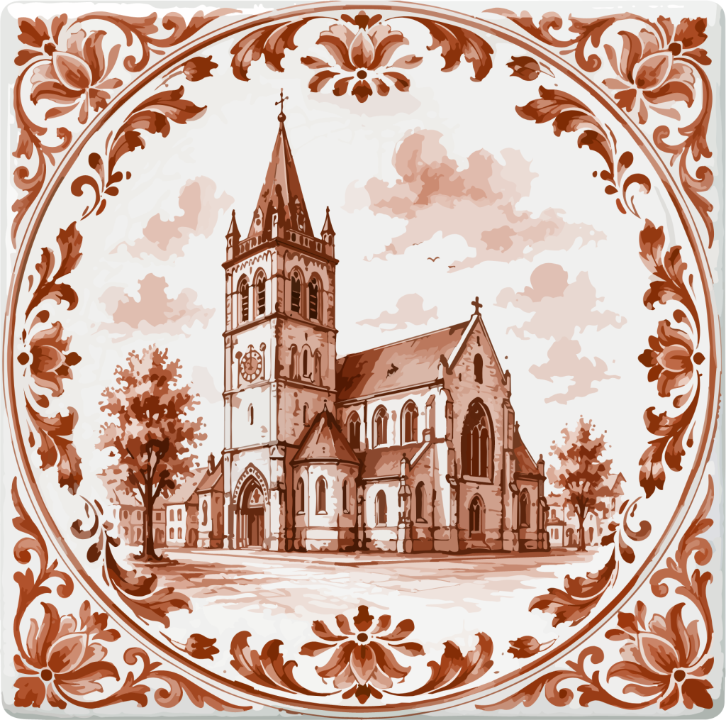 Delftsblauw tegeltje met kerkje, huisstijl van restaurant Nora Sittard