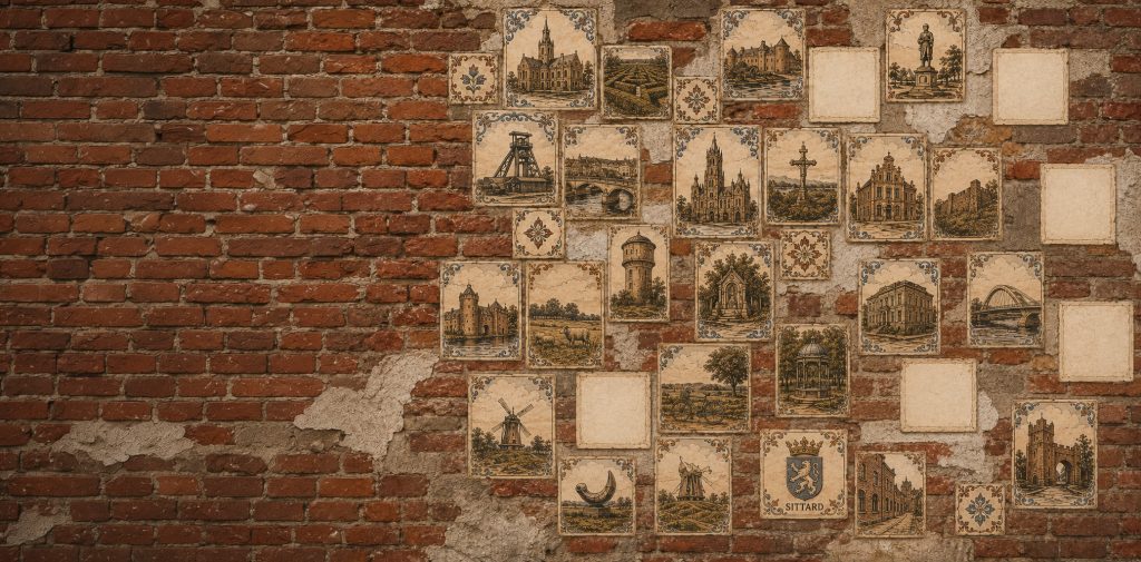 Bakstenen muur met Delftsblauwe tegeltjes bij restaurant Nora in Sittard
